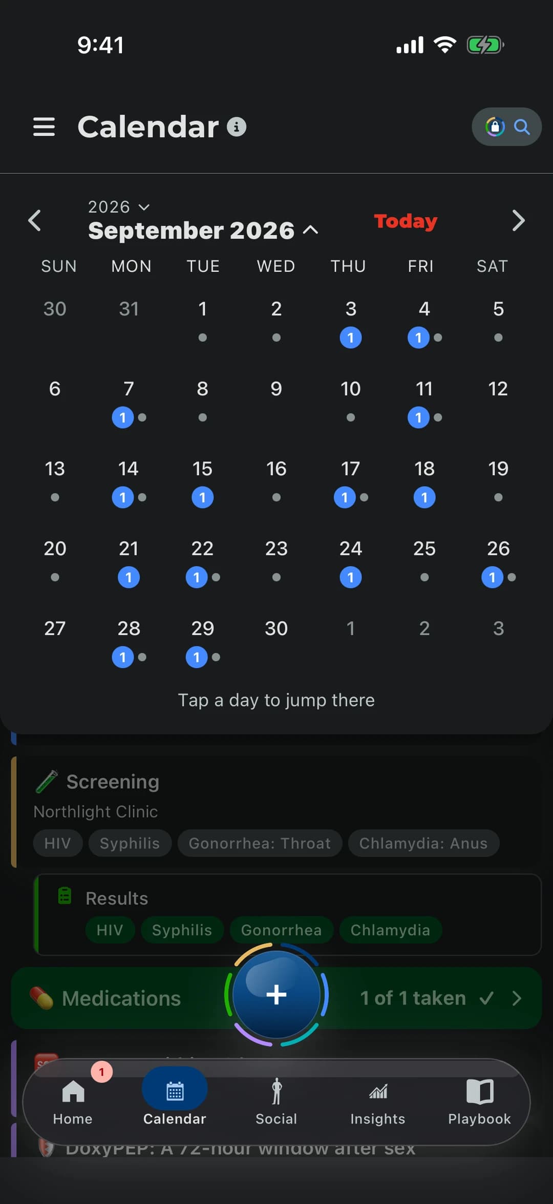A grid of days, marked where something was logged